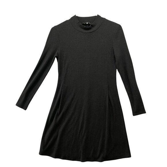 Madewell Long Sleeve Ribbed Mini Dress XS Black Mock Neck Pleated A-Line - Picture 1 of 8